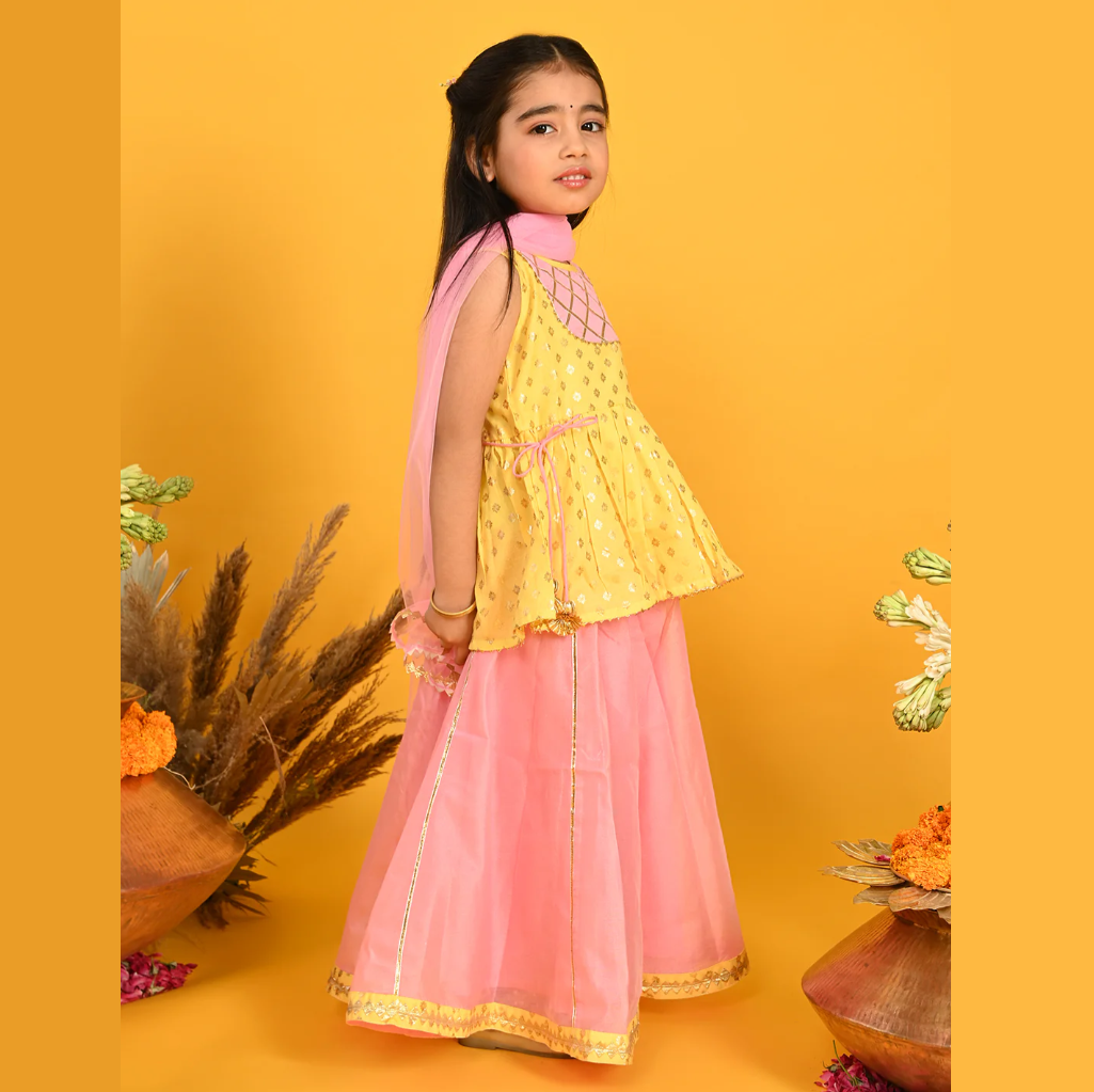 Girls Printed Lehenga Choli With Dupatta - Yellow & Pink - Mitthu Kids Ethnic Wear
