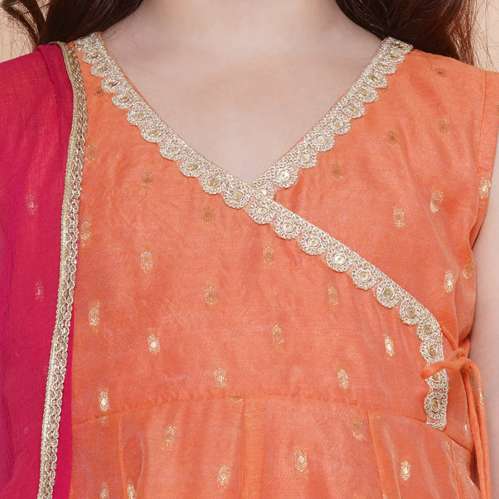 Girls Peach Orange Booti Angrakha Gotta Patti Kurta & Trousers set With Dupatta - Mitthu Kids Ethnic Wear