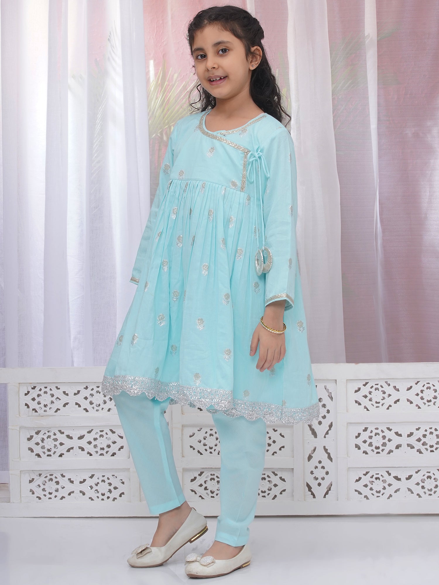 Girls Cotton Angrakha Kameez with Pyjami and Net Dupatta - Light Blue - Mitthu Kids Ethnic Wear