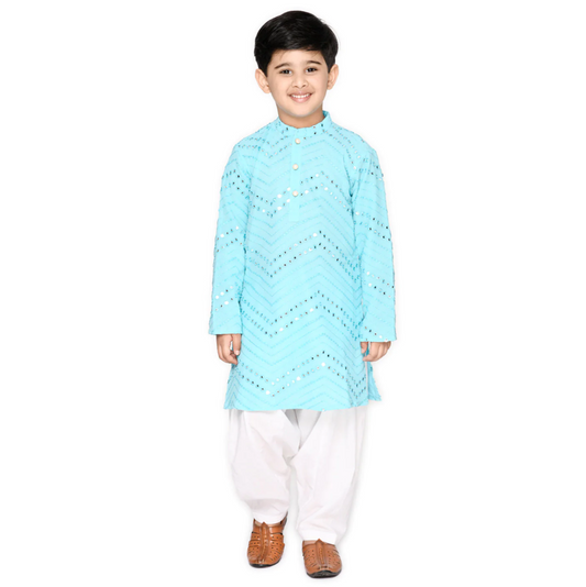 Boys Blue Embroidered Cotton Kurta & Pyjama Set - Mitthu Kids Ethnic Wear