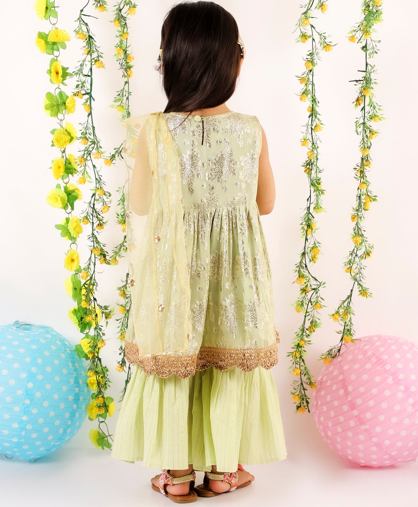 Banarsi Sharara Set with Dupatta - Pastel Green & Gold - Mitthu Kids Ethnic Wear