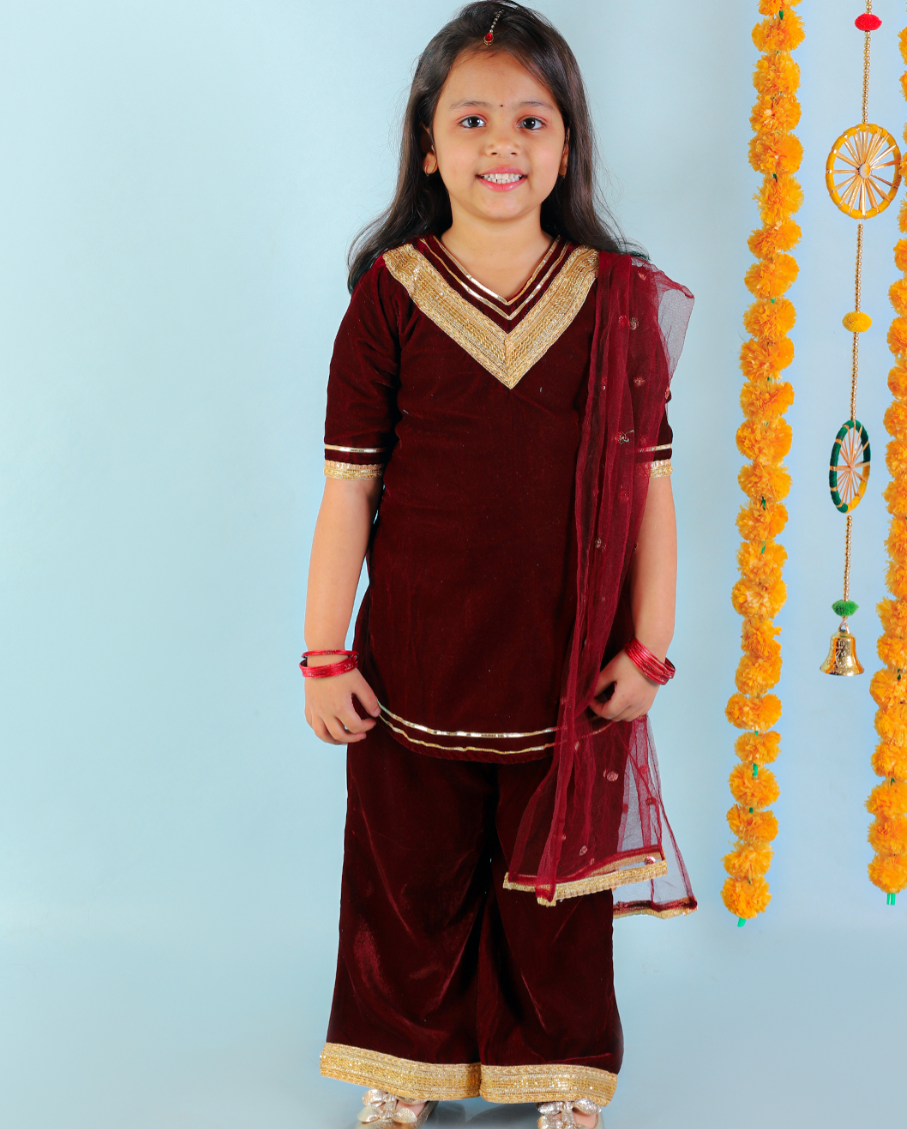 Girls Maroon & Gold Velvet Sharara Set with dupatta - Mitthu Kids Ethnic Wear