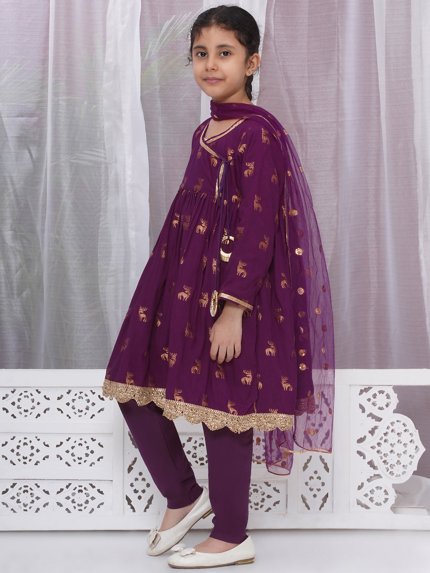 Girls Cotton Angrakha Kameez with Pyjami and Net Dupatta - Purple - Mitthu Kids Ethnic Wear