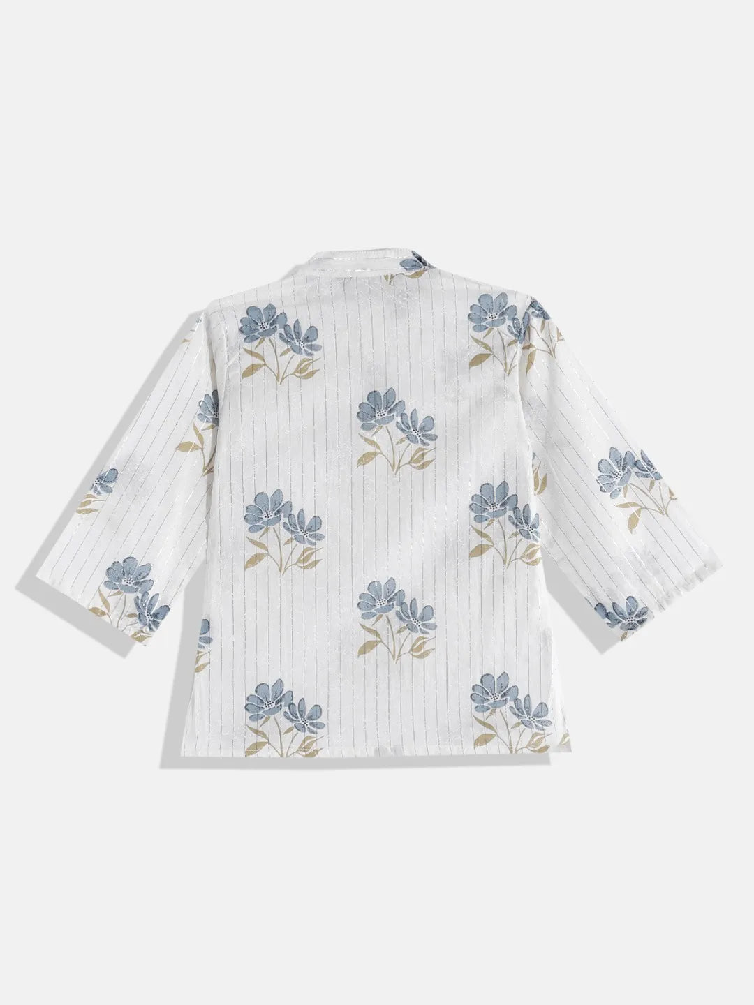 White & Blue Printed Kurta With Jacket/Waistcoat & Pyjama - Mitthu Kids Ethnic Wear