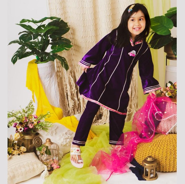 Girls Purple Velvet Kurta Pants with dupatta - Mitthu Kids Ethnic Wear