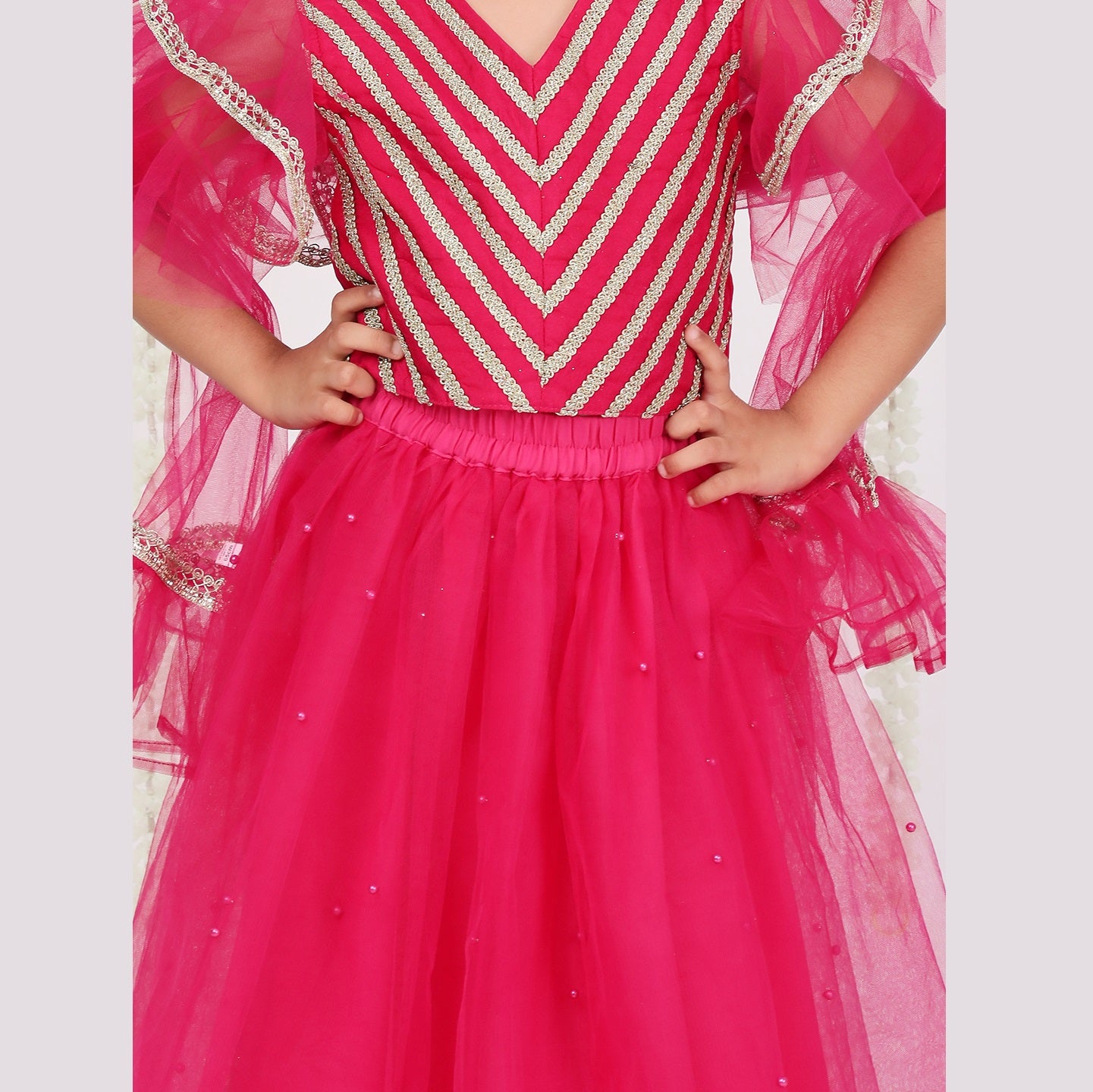 Hot Pink & Gold Choli With Lehenga  & Dupatta - Mitthu Kids Ethnic Wear