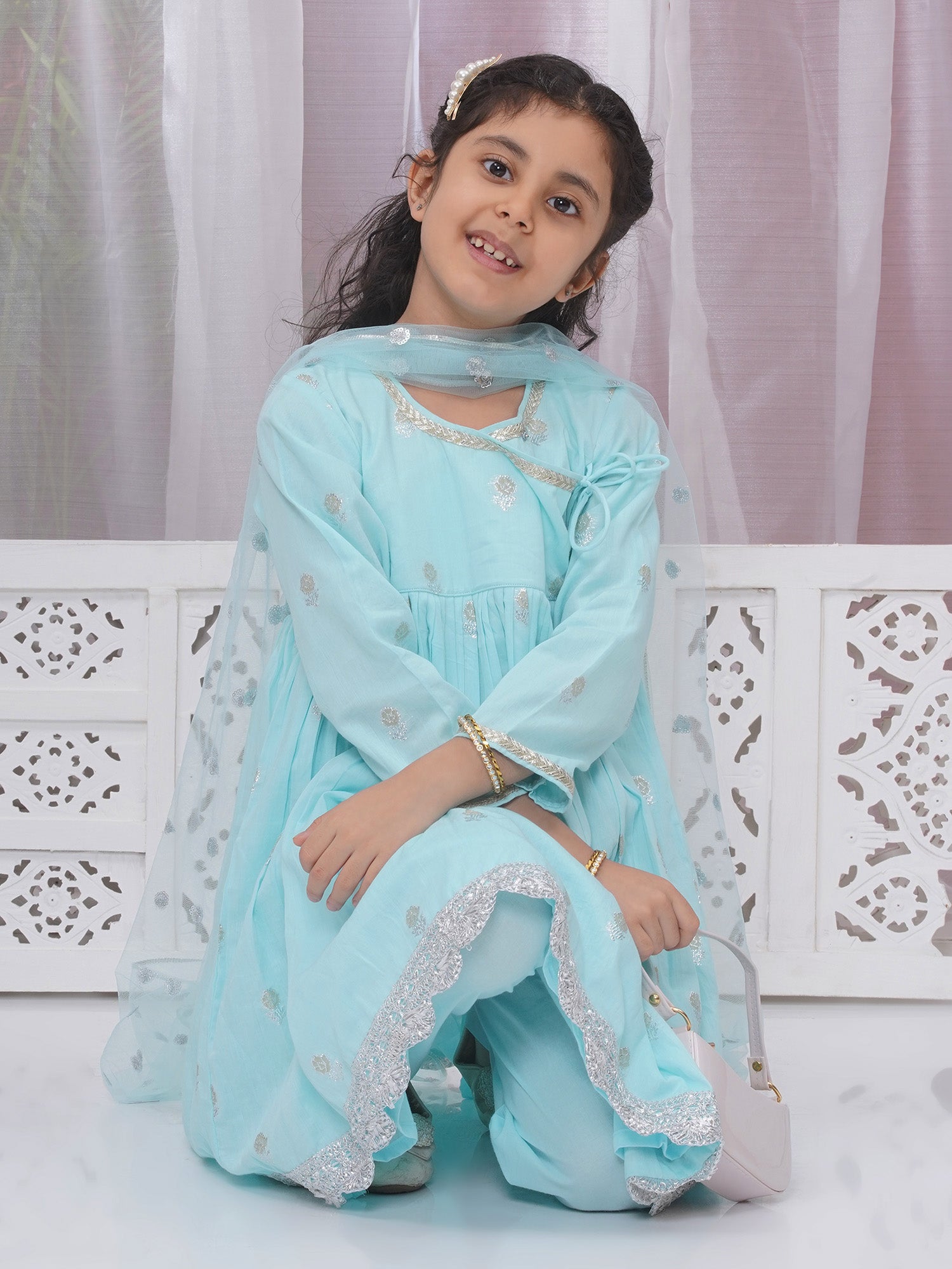 Girls Cotton Angrakha Kameez with Pyjami and Net Dupatta - Light Blue - Mitthu Kids Ethnic Wear