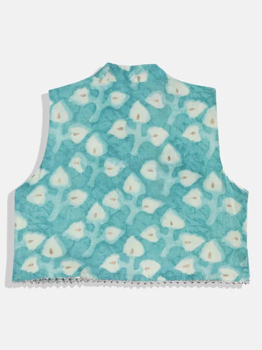 Boys Straight Style Cotton Kurta & Pyjama with Nehru jacket - Turquoise - Mitthu Kids Ethnic Wear