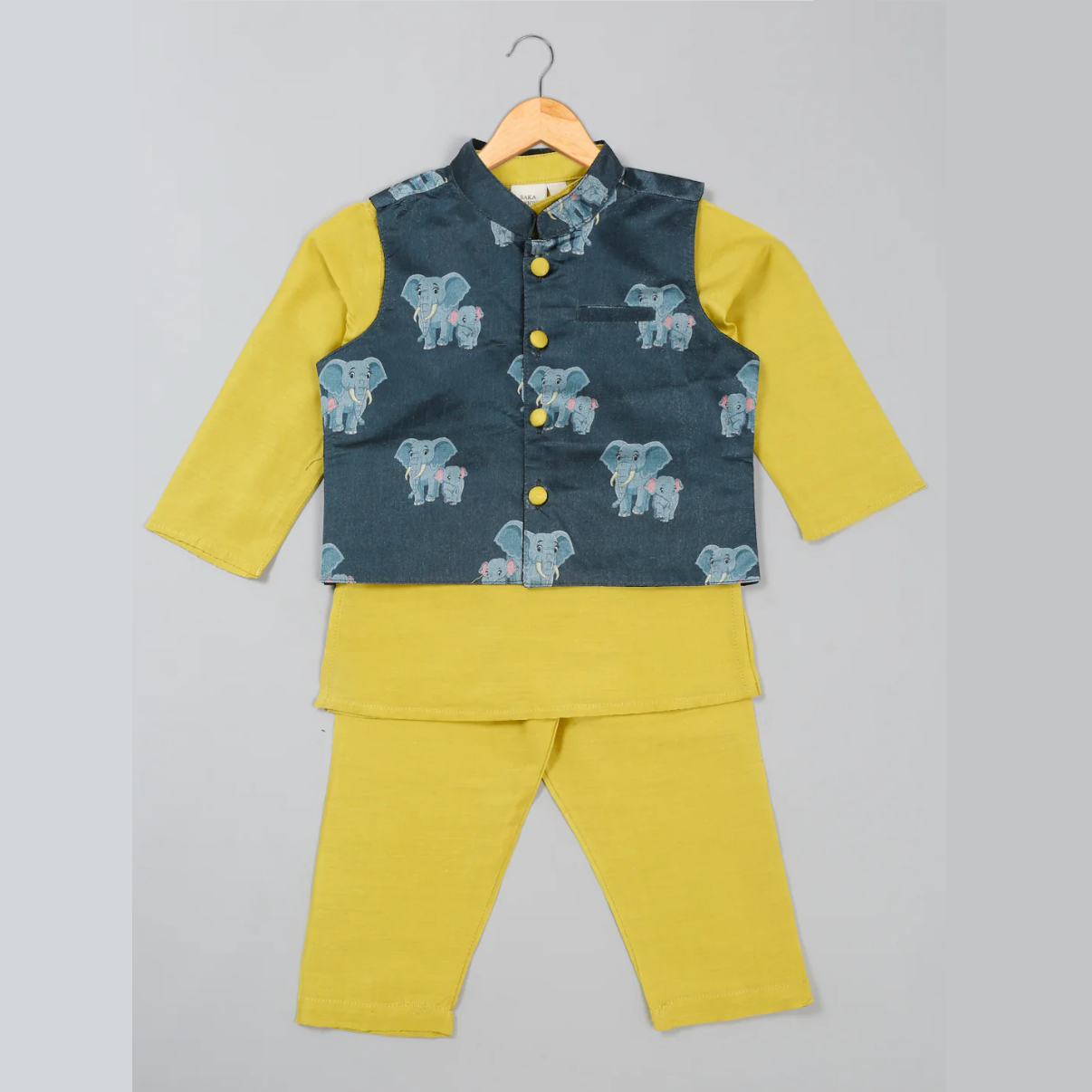 Boys' Lime Green Kurta Pajama With Blue Printed Jacket Ensemble - Infant - Mitthu Kids Ethnic Wear