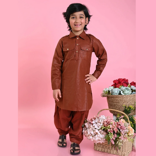 Boys Brown Cotton Pathani Kurta Set - Mitthu Kids Ethnic Wear