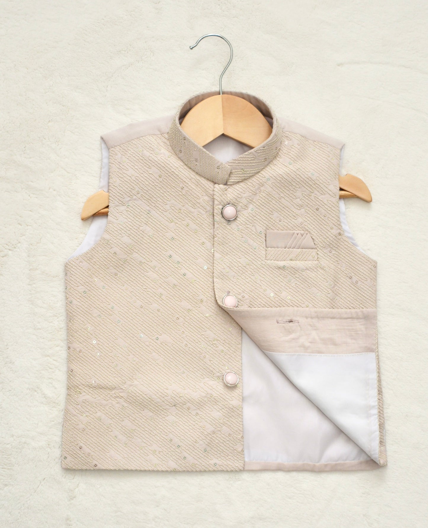 Boys Straight style Cotton Kurta & Pants with Waistcoat Bundi- Pinkish Beige - Mitthu Kids Ethnic Wear