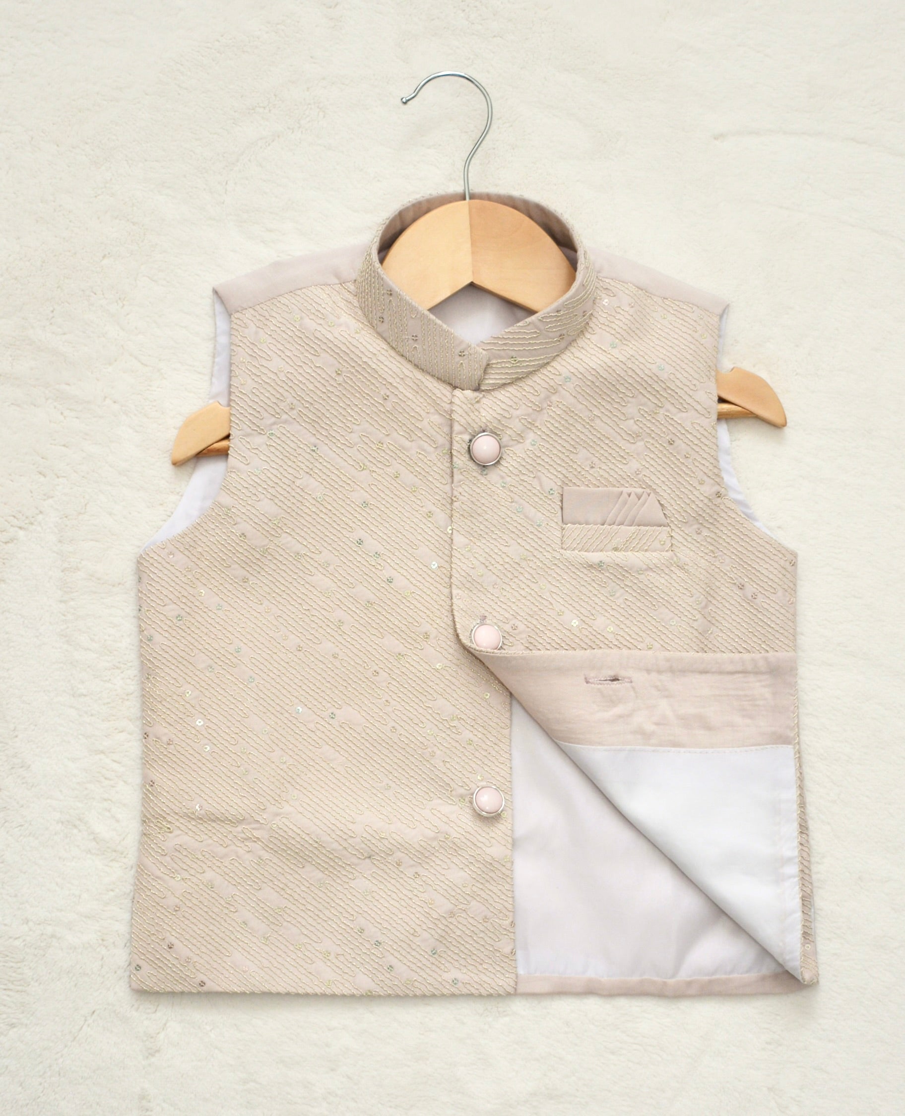 Boys Straight style Cotton Kurta & Pants with Waistcoat Bundi- Pinkish Beige - Mitthu Kids Ethnic Wear