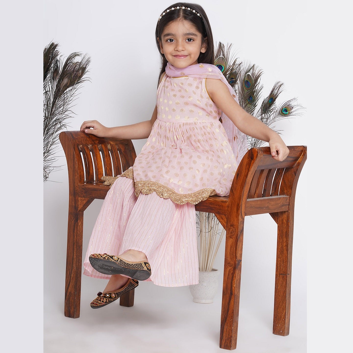 Banarsi Floral Work Frock Style Kurta With Golden Striped Sharara With Dupatta - Mitthu Kids Ethnic Wear