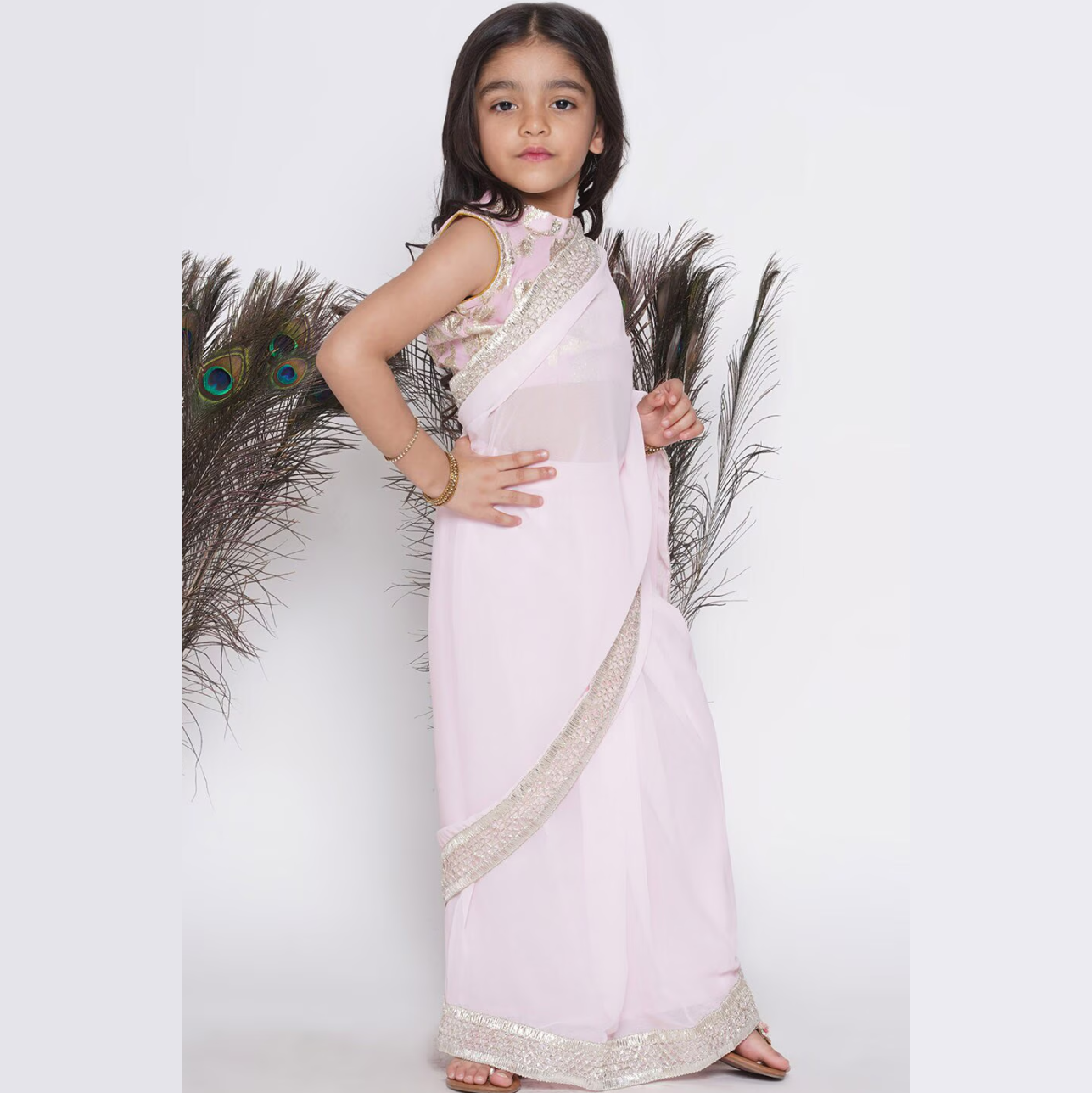 Girls Ready to Wear Georgette Saree with Embroidered Blouse - Pink - Mitthu Kids Ethnic Wear