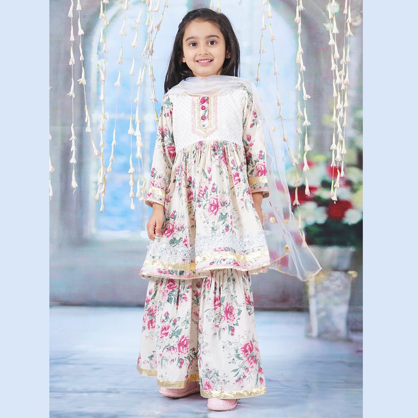 Girls Cotton Kurta Sharara and Dupatta with Floral Print - Beige & Off-White - Mitthu Kids Ethnic Wear