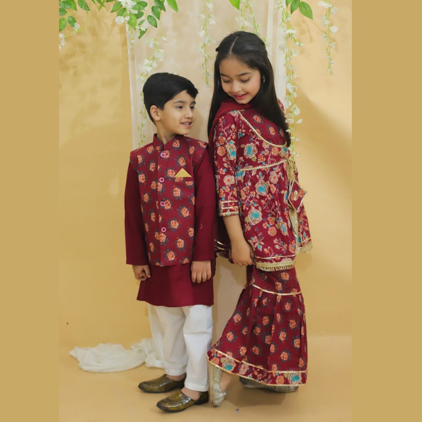 Boys Maroon Kurta, Pyjama with Printed Jacket - Mitthu Kids Ethnic Wear