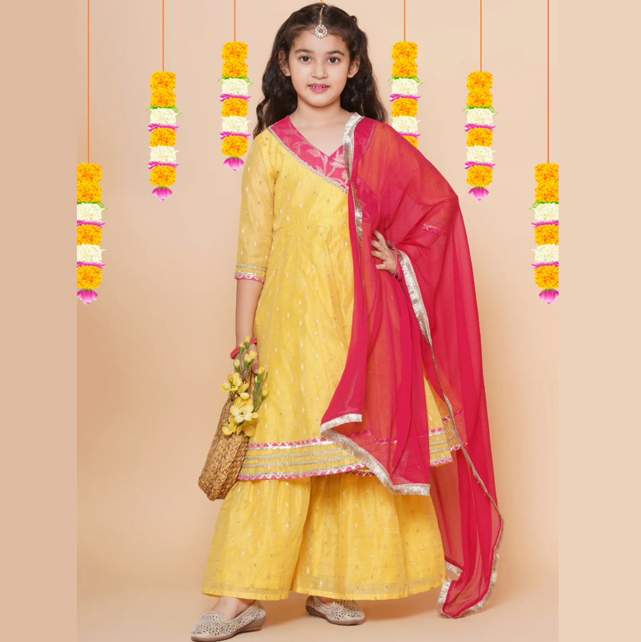 Girls Yellow self design Angrakha Gotta Patti Kurta & Sharara set With Dupatta - Mitthu Kids Ethnic Wear