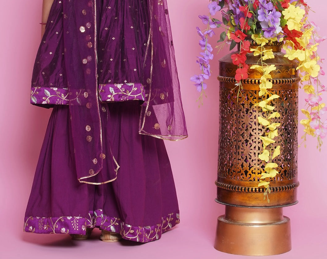 Girls Chanderi Sharara Set with Dupatta - Purple - Mitthu Kids Ethnic Wear