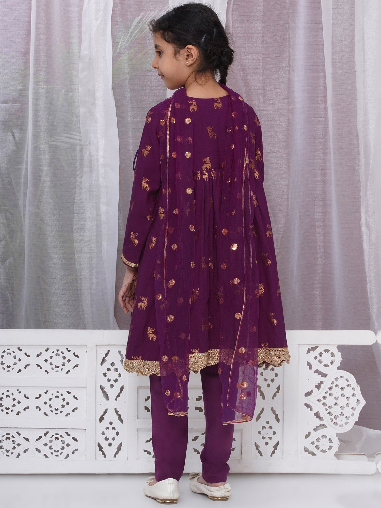 Girls Cotton Angrakha Kameez with Pyjami and Net Dupatta - Purple - Mitthu Kids Ethnic Wear