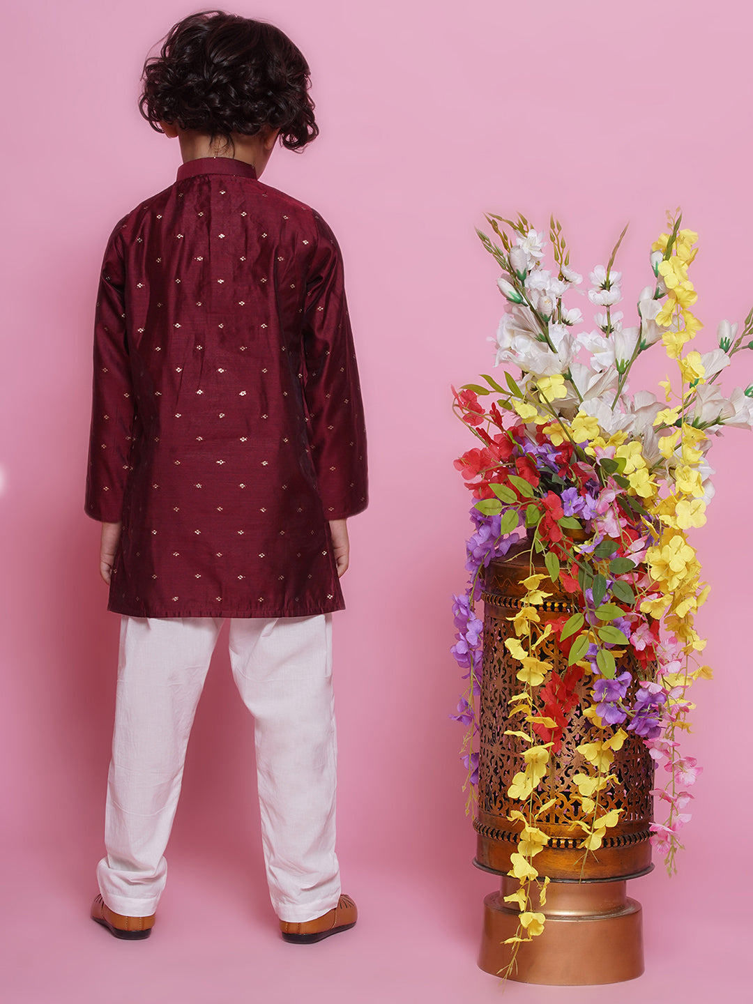 Chanderi Silk Kurta with Pyjama - Maroon (Infant)