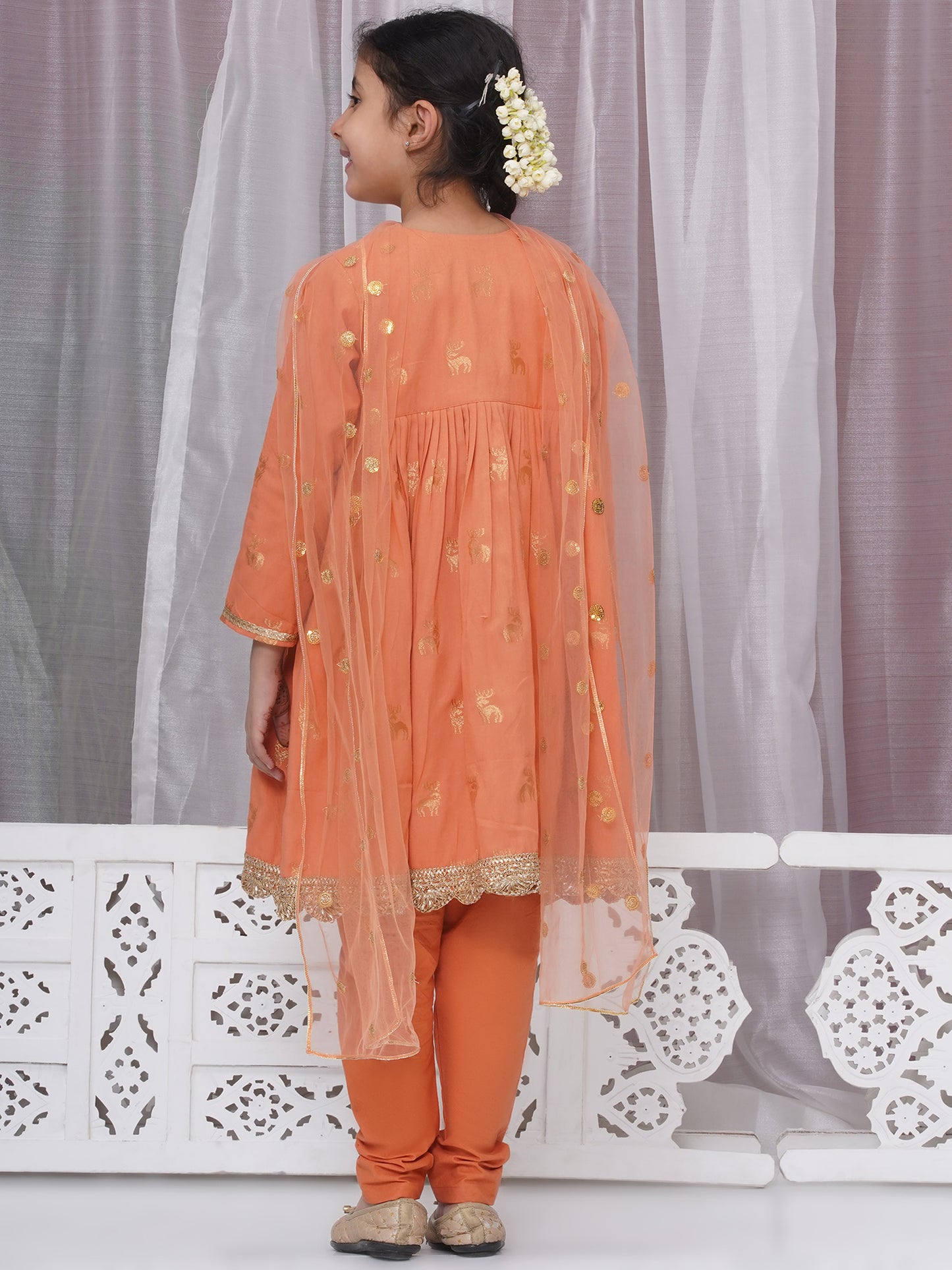 Girls Cotton Angrakha Kameez with Pyjami and Net Dupatta - Orange - Mitthu Kids Ethnic Wear