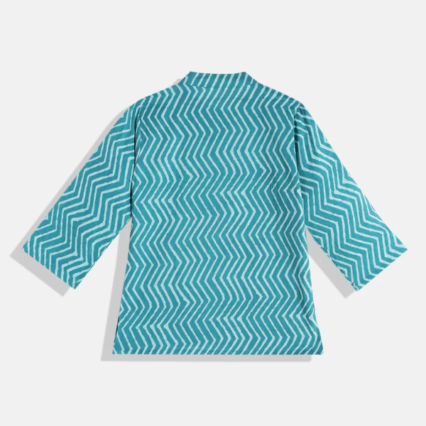 Boys Cotton Fabric Turquoise Blue Color Printed Kurta With Nehru Jacket and White Pyjama - Mitthu Kids Ethnic Wear