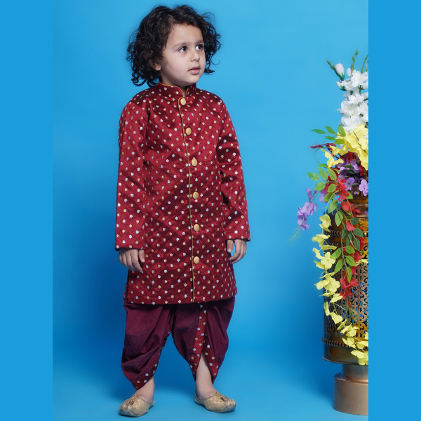Chand Sitare Sherwani with Golden Buttons and Dhoti - Maroon - Mitthu Kids Ethnic Wear