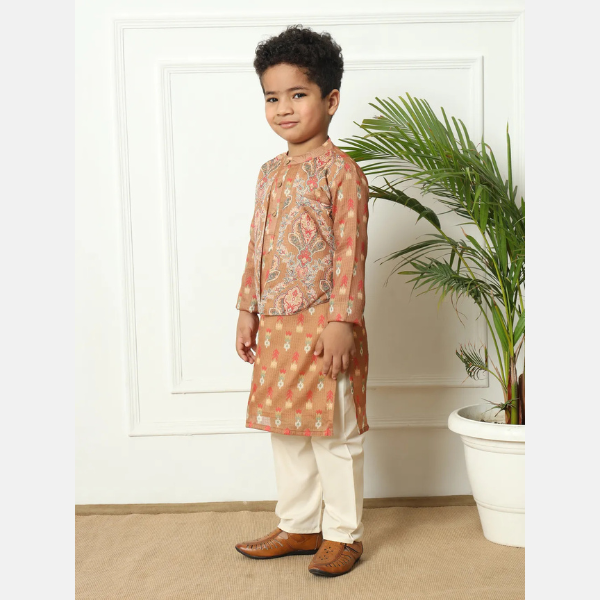Boys Straight Style Kota Doria Fabric Brown Color Kurta and Pyjama With Attached Jacket - Mitthu Kids Ethnic Wear