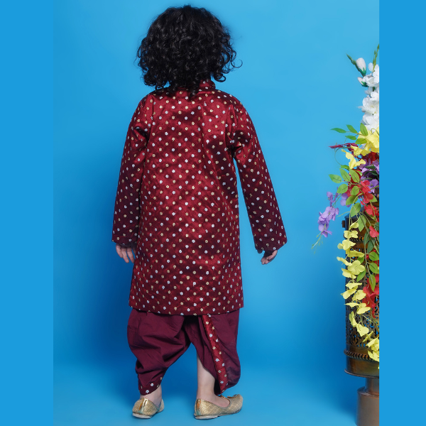 Chand Sitare Sherwani with Golden Buttons and Dhoti - Maroon - Mitthu Kids Ethnic Wear