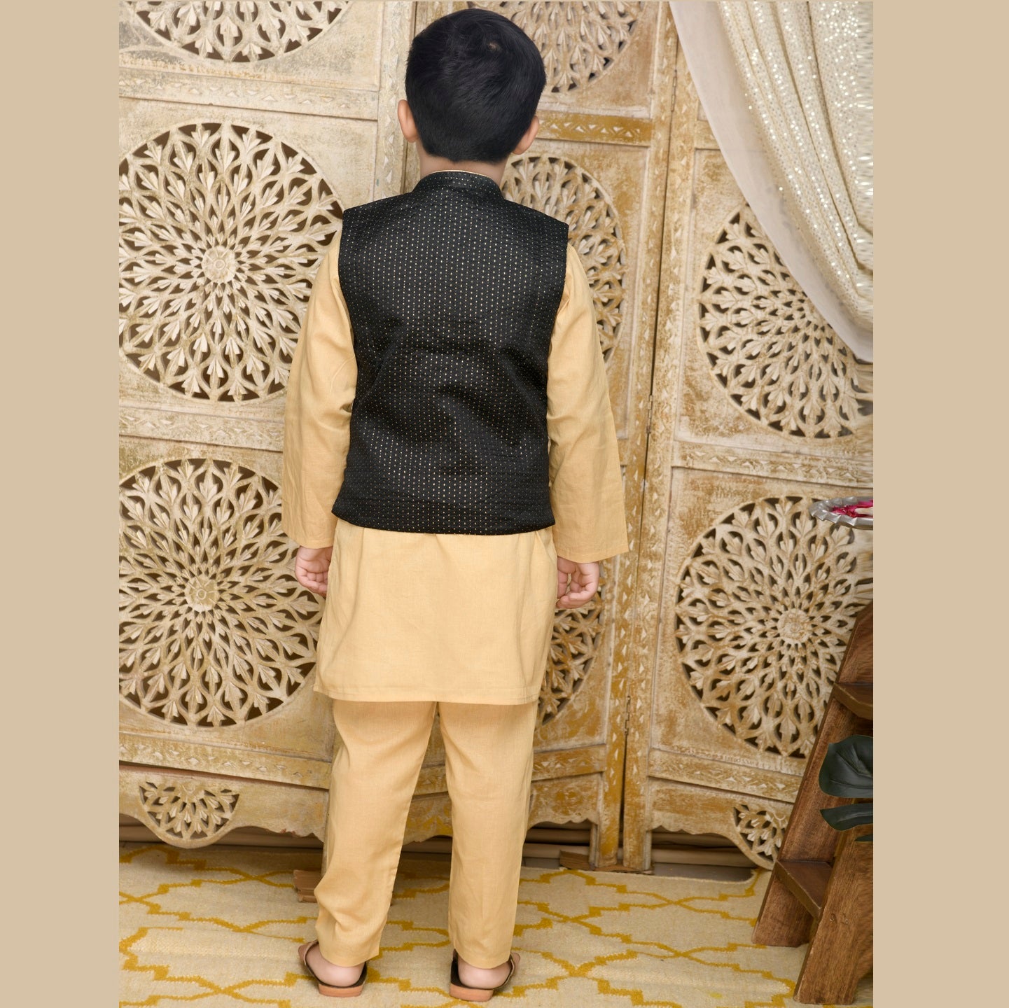 Golden Cotton Kurta With Black Jaquard Jacket And Pyjama - Mitthu Kids Ethnic Wear