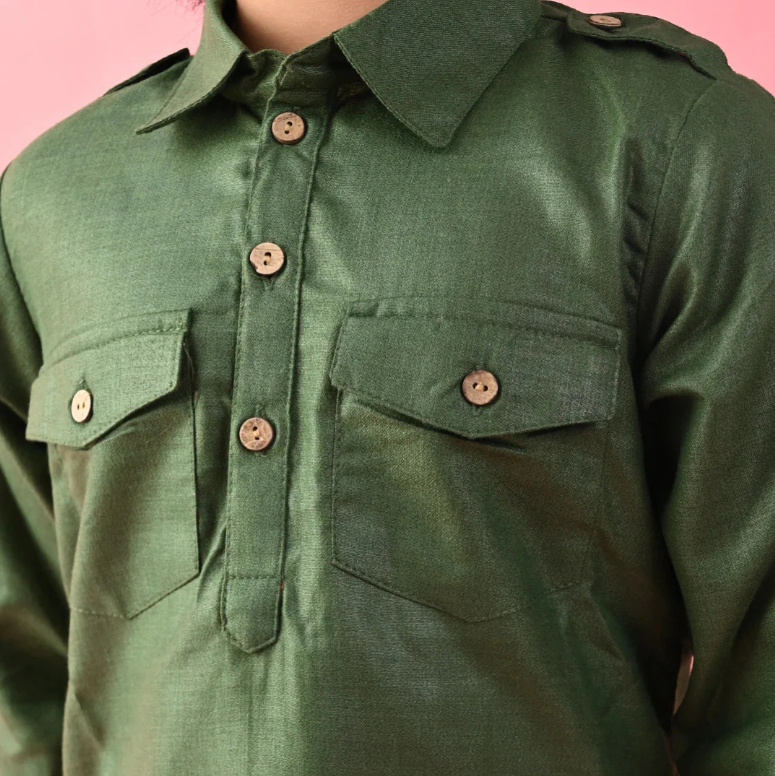 Boys Green Cotton Pathani Kurta Set - Mitthu Kids Ethnic Wear