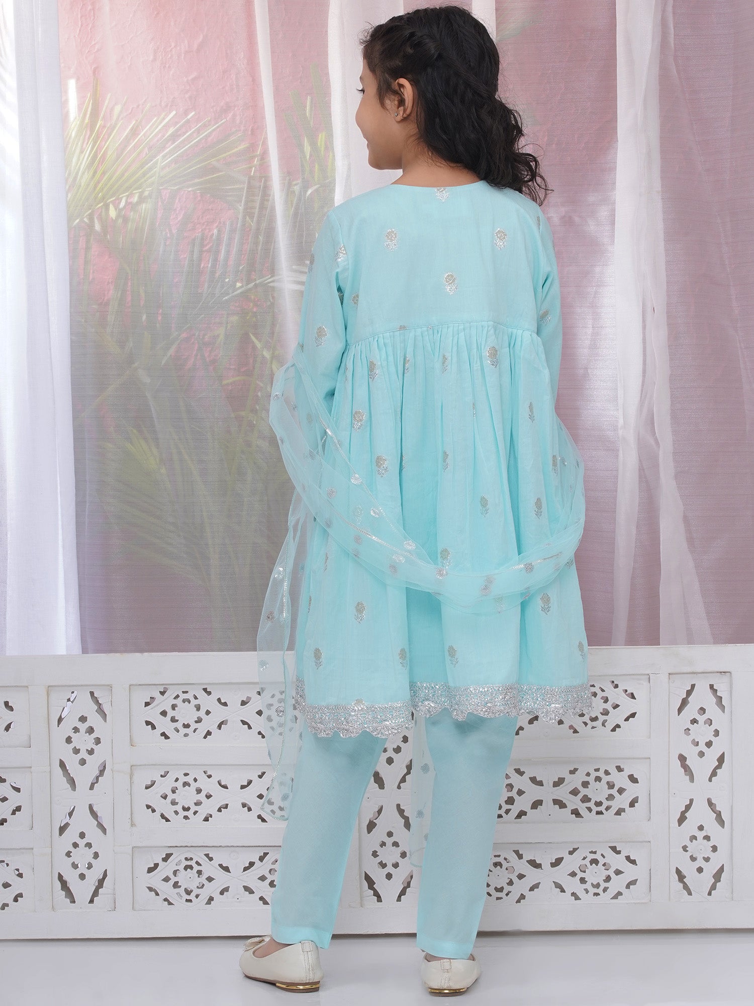 Girls Cotton Angrakha Kameez with Pyjami and Net Dupatta - Light Blue - Mitthu Kids Ethnic Wear