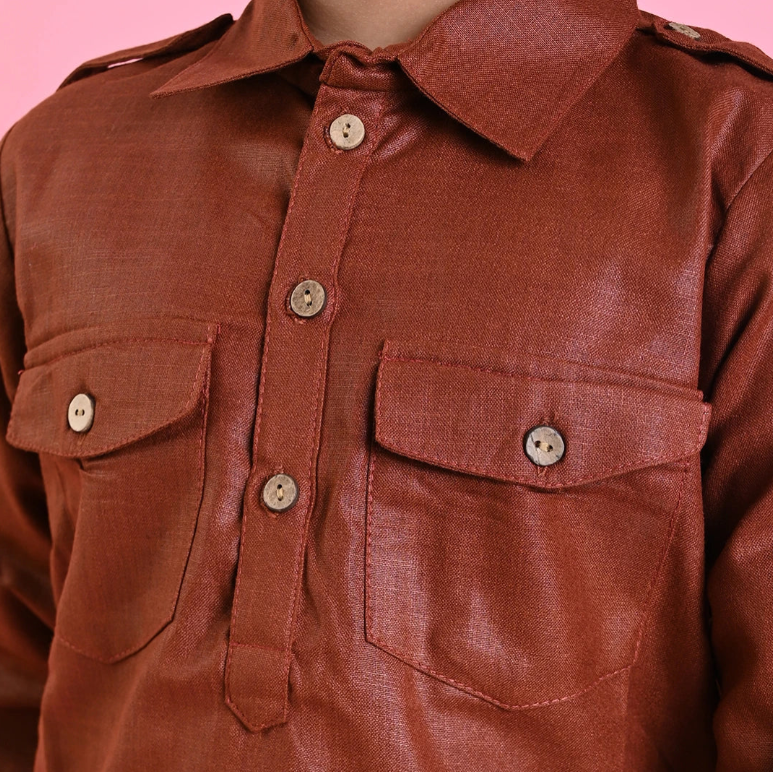 Boys Brown Cotton Pathani Kurta Set - Mitthu Kids Ethnic Wear