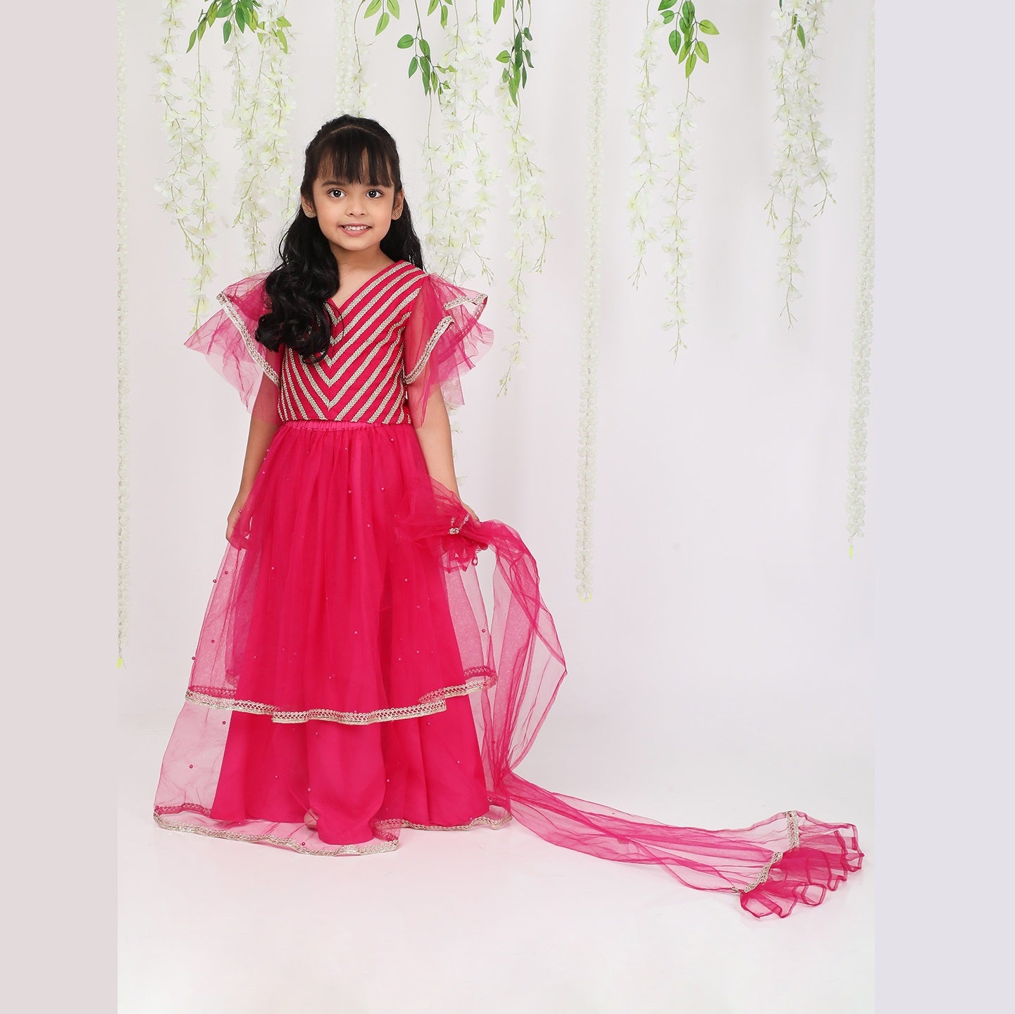 Hot Pink & Gold Choli With Lehenga  & Dupatta - Mitthu Kids Ethnic Wear