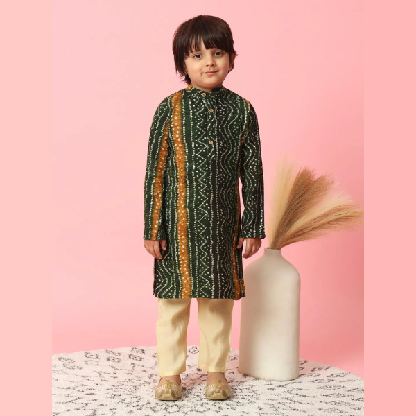 Straight Style Rayon Fabric Green Color Kurta With Pyjama - Mitthu Kids Ethnic Wear