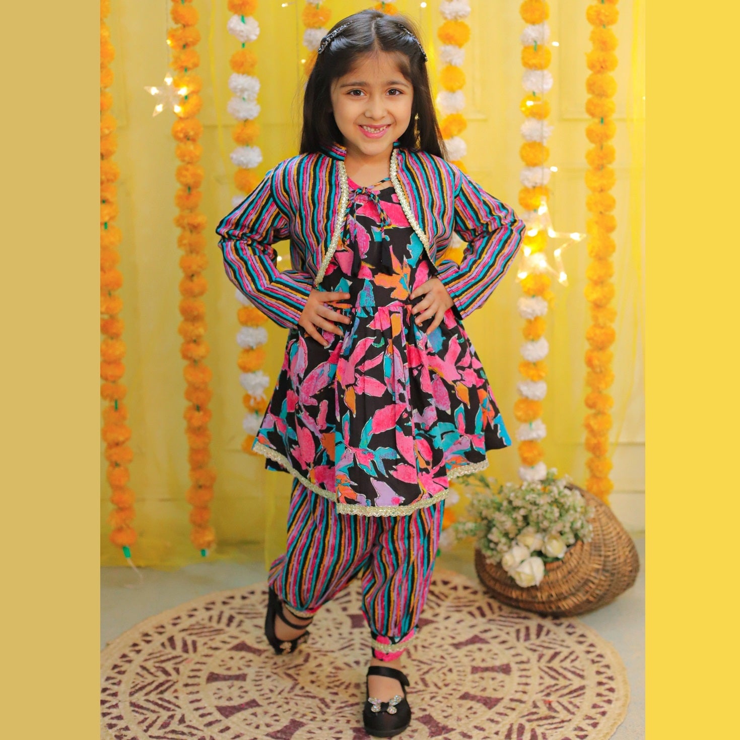 Girls Multicolor Floral Printed Kurta With Afghani Pants & Jacket & Dupatta - Mitthu Kids Ethnic Wear
