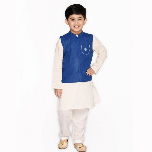 Blue & White Boys Cotton Kurta & Pyjama With Jacket - Mitthu Kids Ethnic Wear