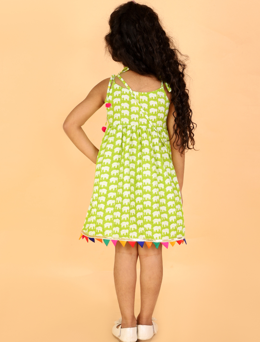 Pancham Frock Green With Bag - Mitthu Kids Ethnic Wear