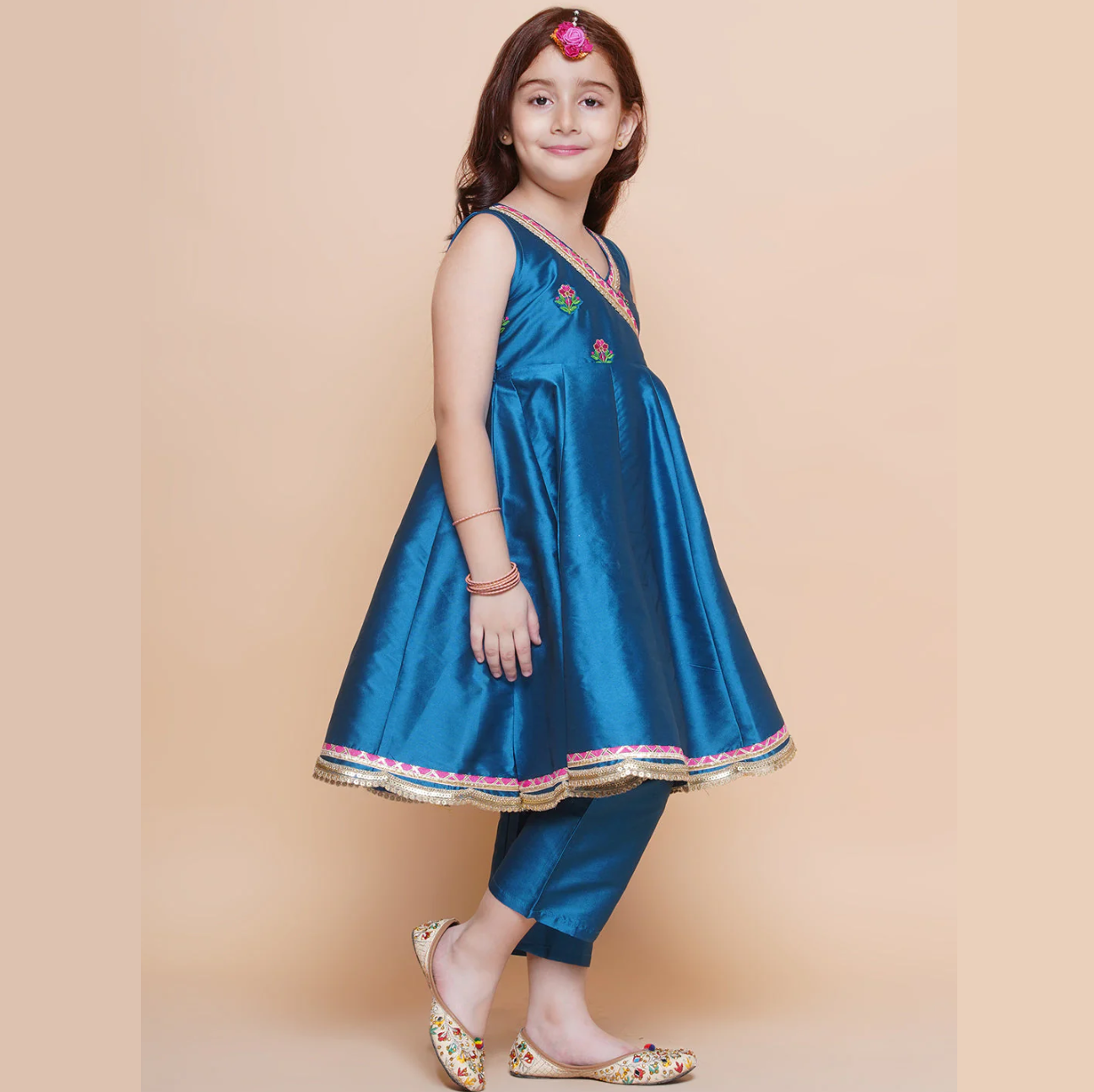 Girls Blue Embroidered Angrakha Kurta with Trousers set With Dupatta - Mitthu Kids Ethnic Wear