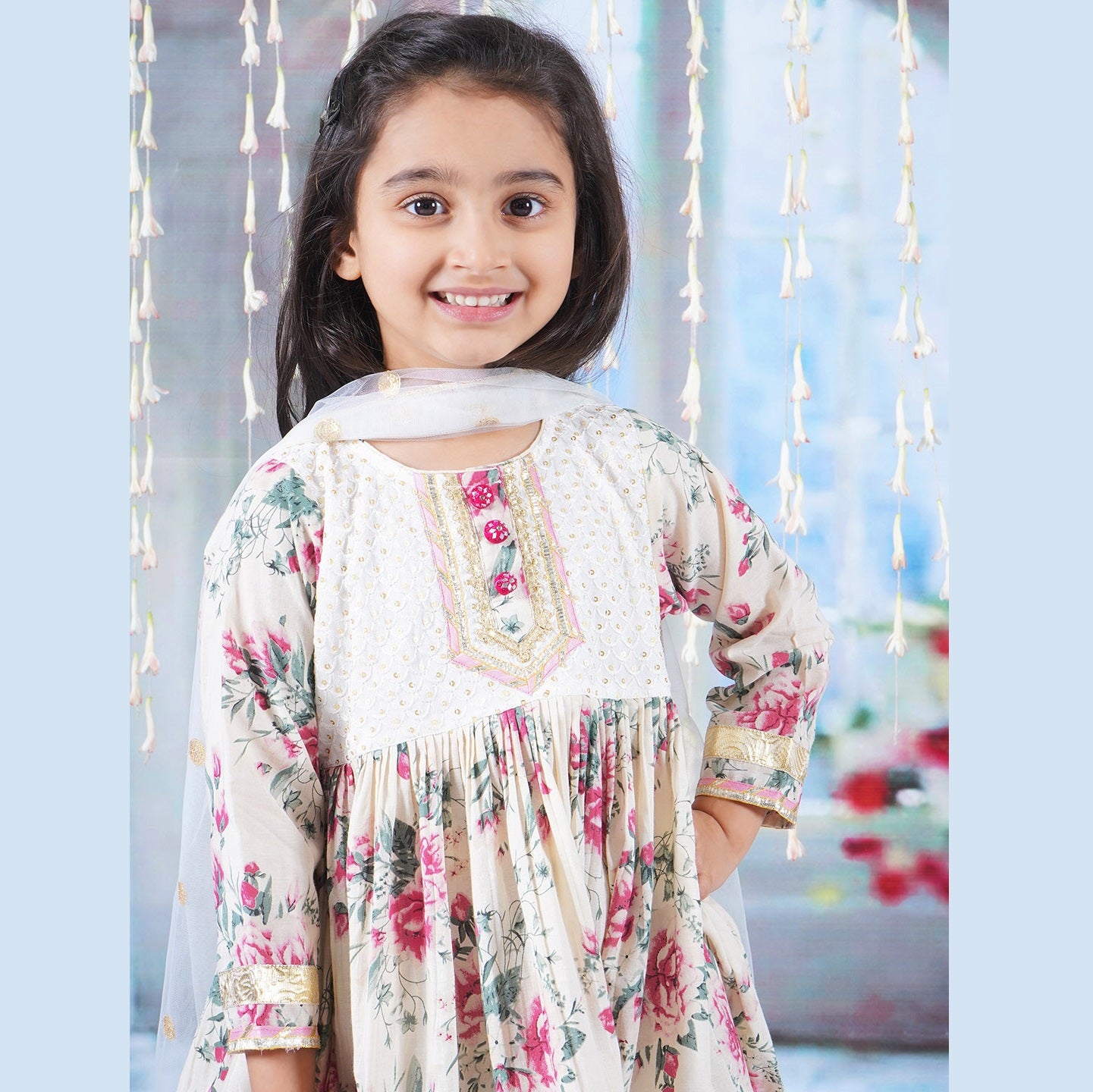 Girls Cotton Kurta Sharara and Dupatta with Floral Print - Beige & Off-White - Mitthu Kids Ethnic Wear