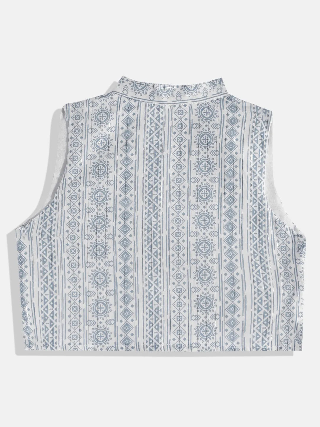 White & Blue Printed Kurta With Jacket/Waistcoat & Pyjama - Mitthu Kids Ethnic Wear