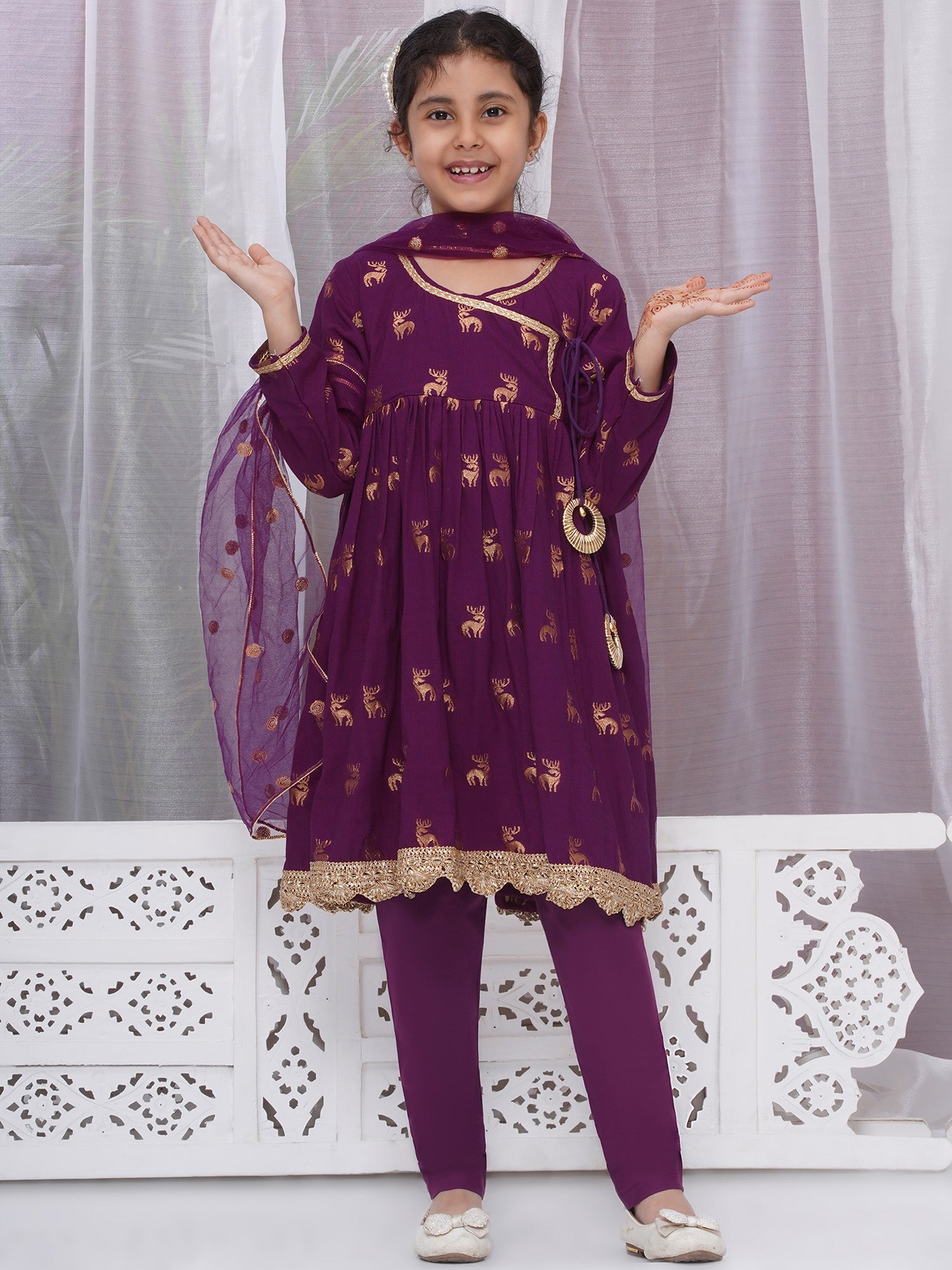 Girls Cotton Angrakha Kameez with Pyjami and Net Dupatta - Purple - Mitthu Kids Ethnic Wear