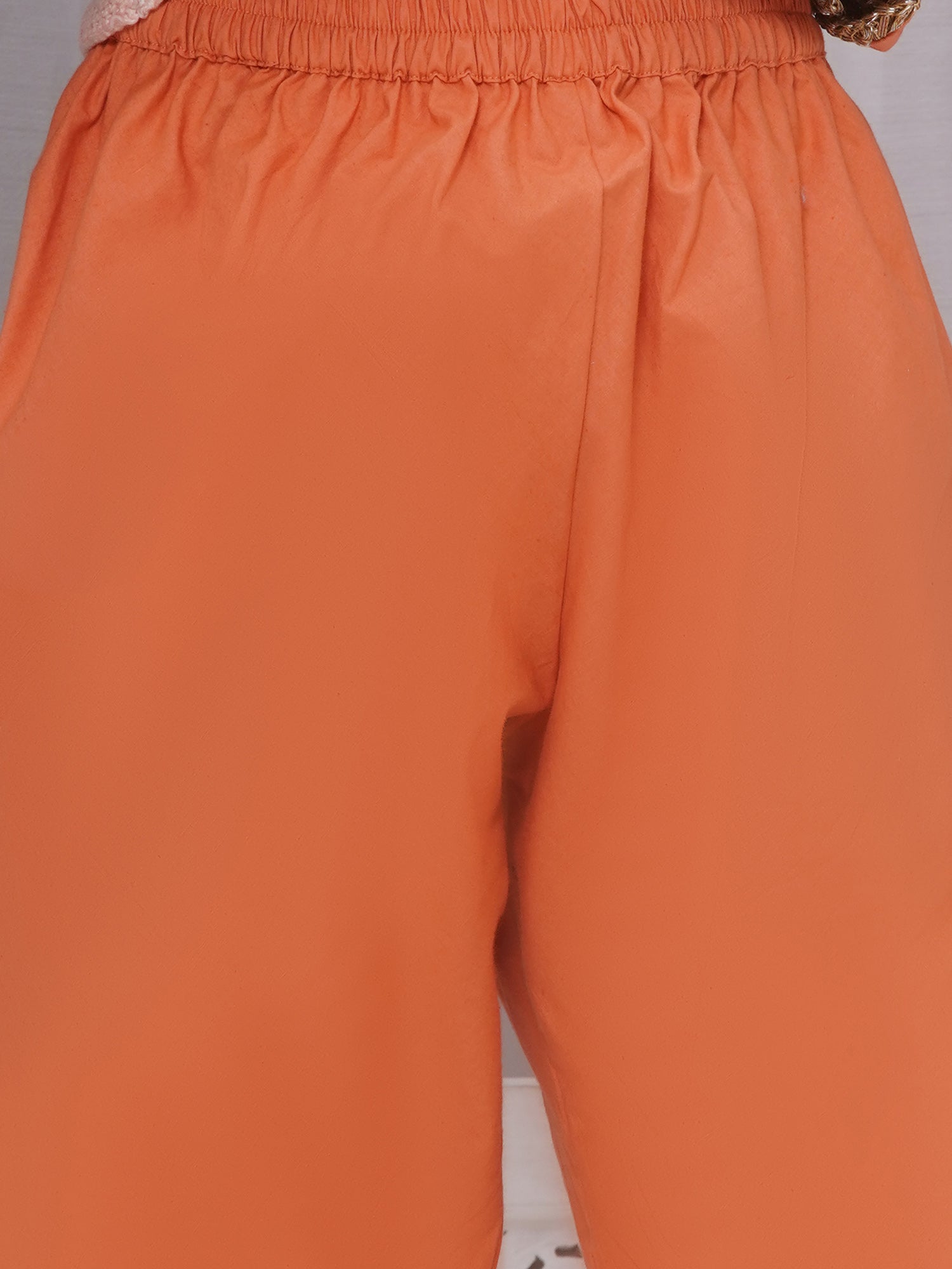 Girls Cotton Angrakha Kameez with Pyjami and Net Dupatta - Orange - Mitthu Kids Ethnic Wear