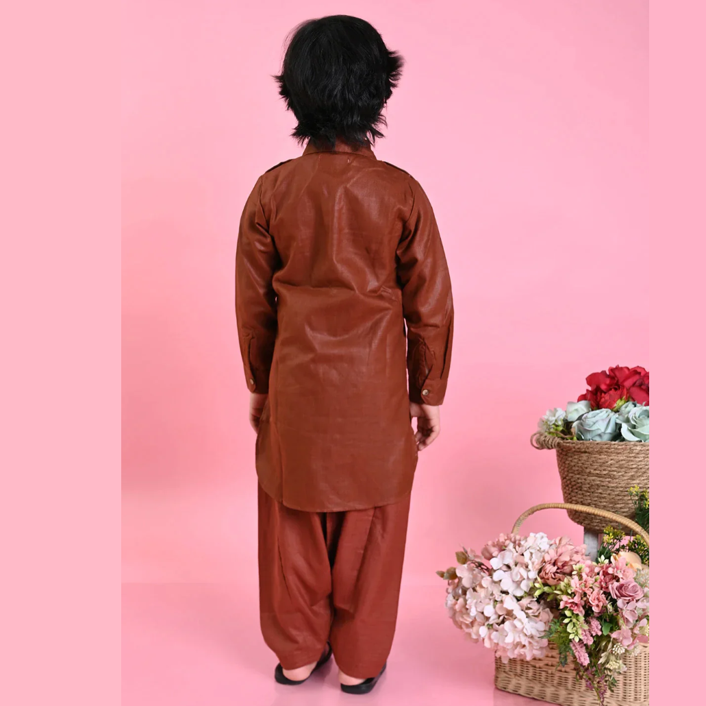 Boys Brown Cotton Pathani Kurta Set - Mitthu Kids Ethnic Wear