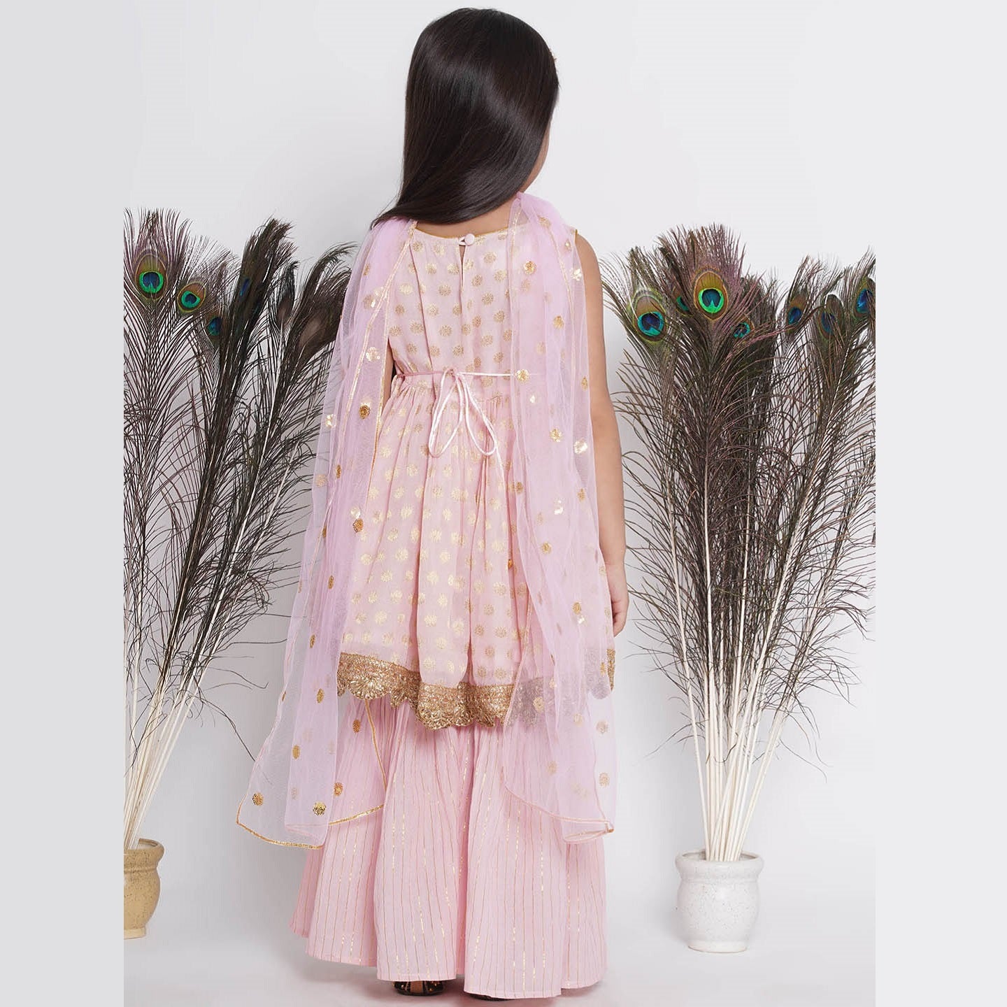 Banarsi Floral Work Frock Style Kurta With Golden Striped Sharara With Dupatta - Mitthu Kids Ethnic Wear