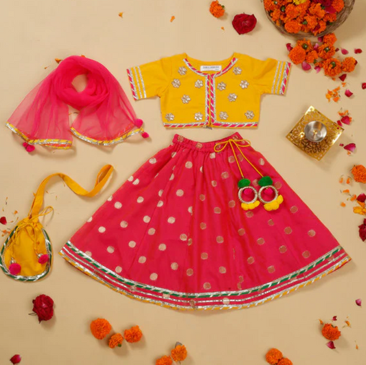 Majenta Lehenga & Yellow Cotton Choli with Dupatta Attached With Potli Bag Set - Mitthu Kids Ethnic Wear