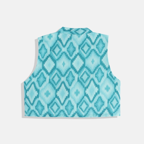 Boys Cotton Fabric Turquoise Blue Color Printed Kurta With Nehru Jacket and White Pyjama - Mitthu Kids Ethnic Wear