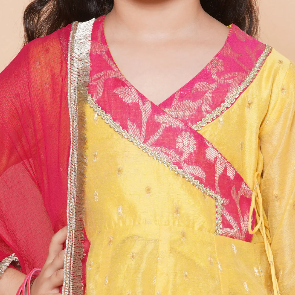 Girls Yellow self design Angrakha Gotta Patti Kurta & Sharara set With Dupatta - Mitthu Kids Ethnic Wear
