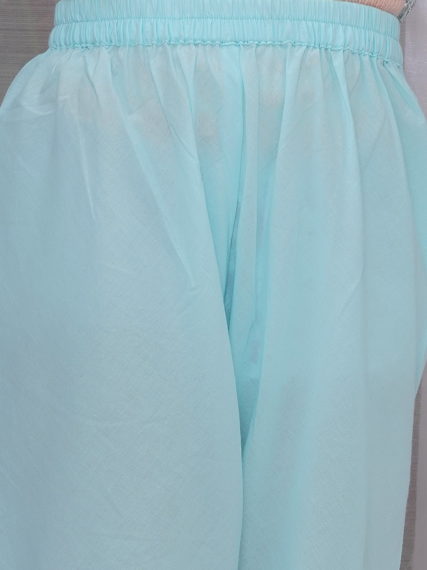Girls Cotton Angrakha Kameez with Pyjami and Net Dupatta - Light Blue - Mitthu Kids Ethnic Wear