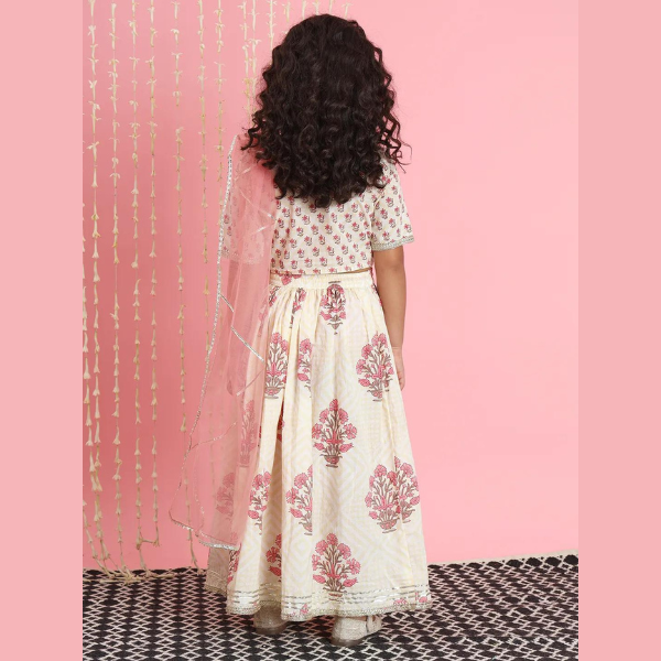 Straight Style Cotton Fabric Cream Color Lehenga Choli With Dupatta - Infant - Mitthu Kids Ethnic Wear